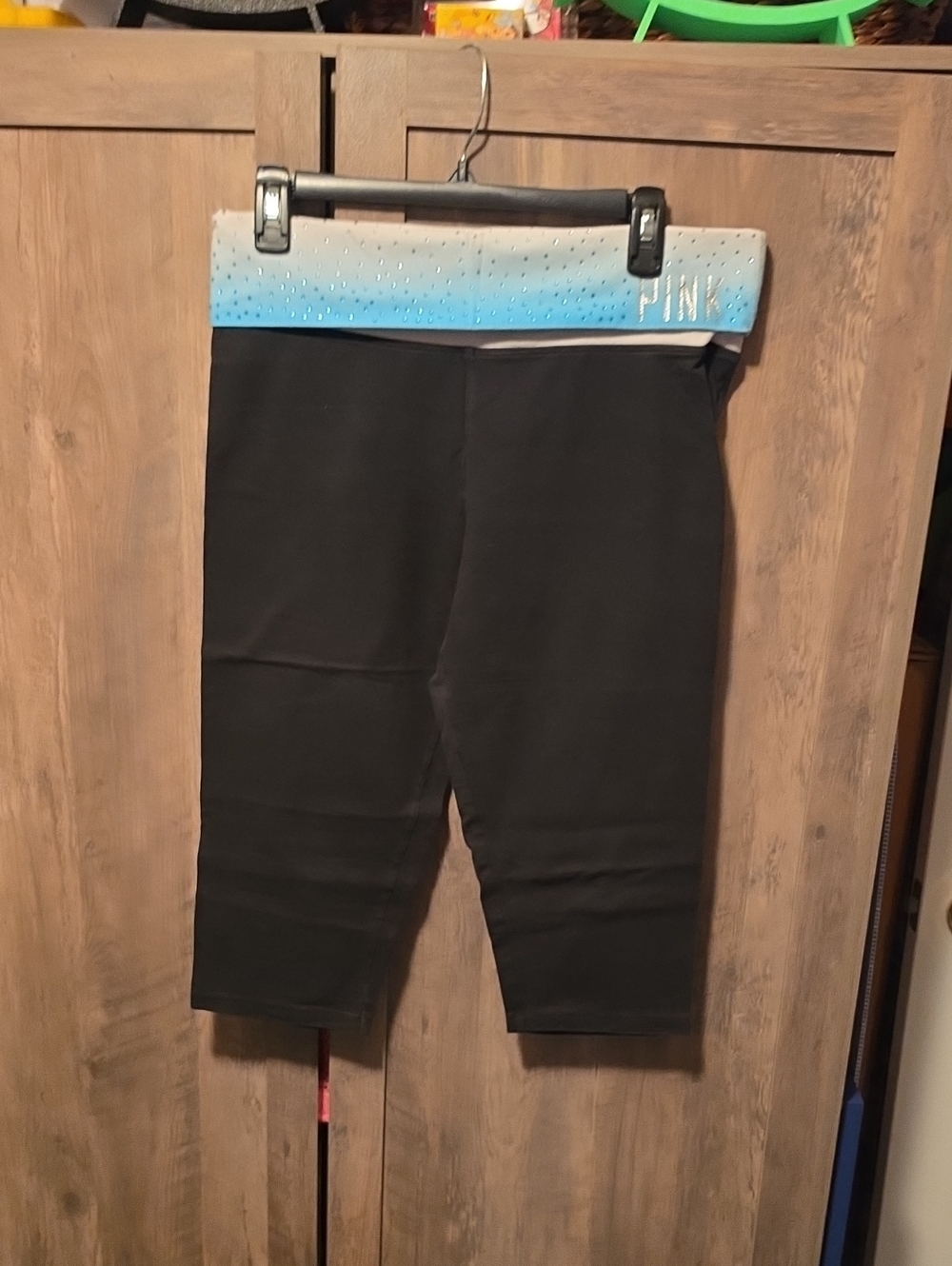 PINK Victoria's Secret Black Capri Leggings with Blue Ombre Waistband